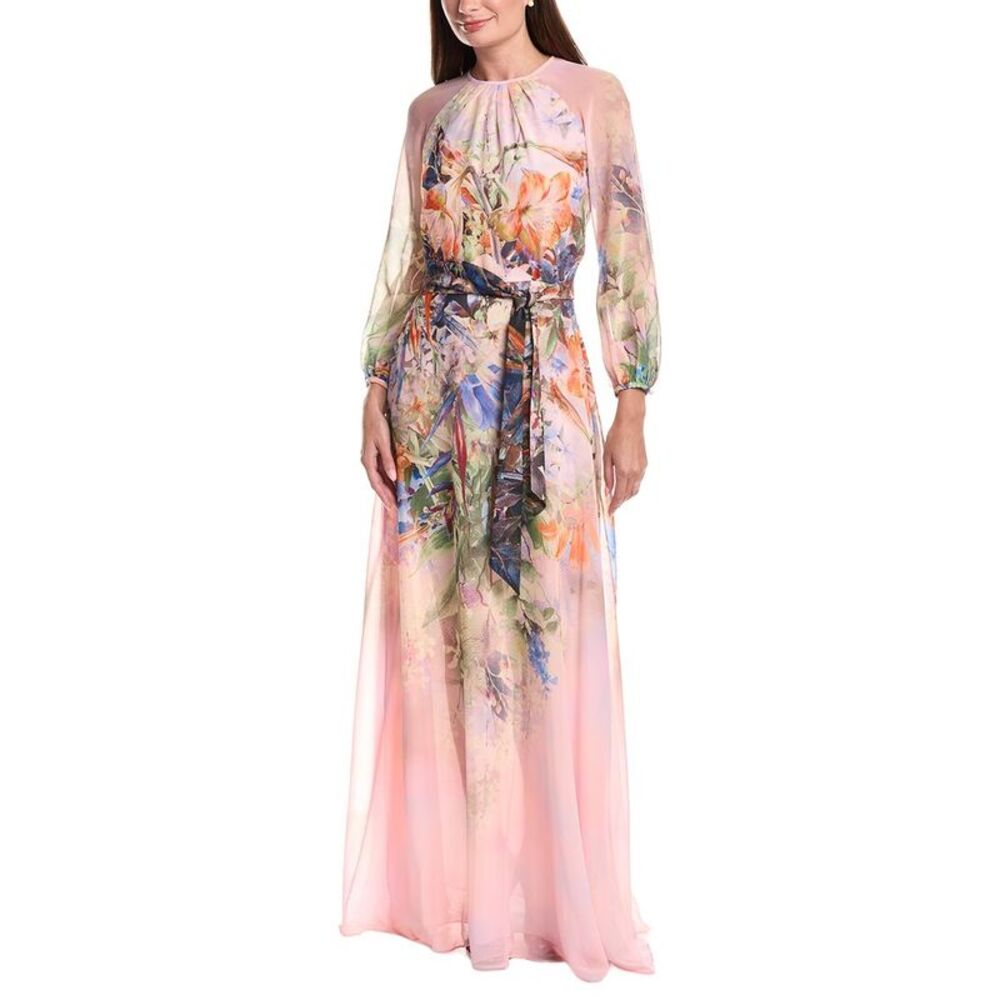 Teri Jon By Rickie Freeman Womens Chiffon Floral Maxi Gown, Pink